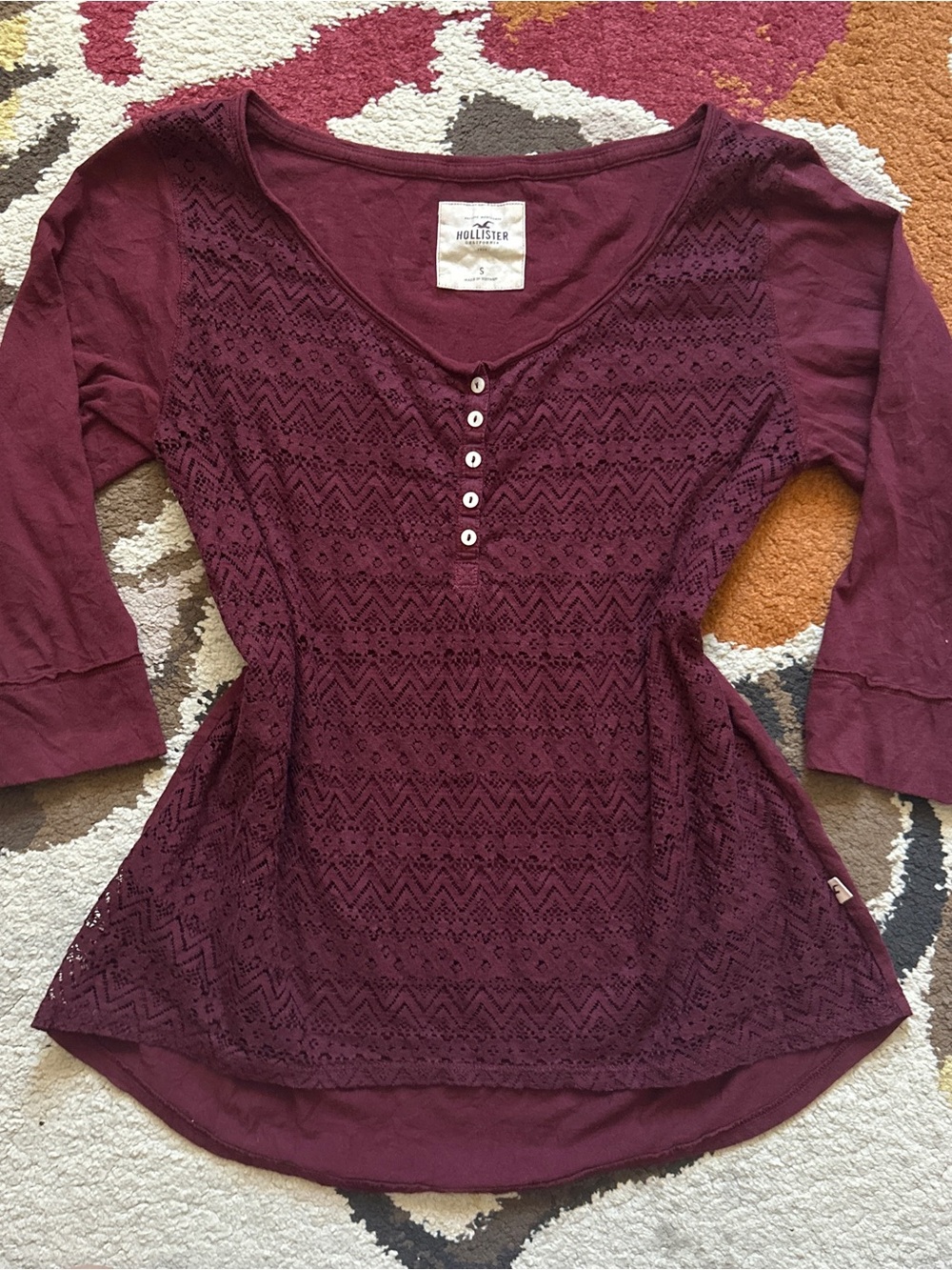 Hollister Burgundy Lace Henley Long Sleeve Top | Size S - Picture 3 of 8